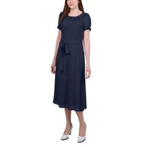 NY COLLECTION Petite Short Sleeve Belted Swiss Dot Navy Blue Formal Dress NWT